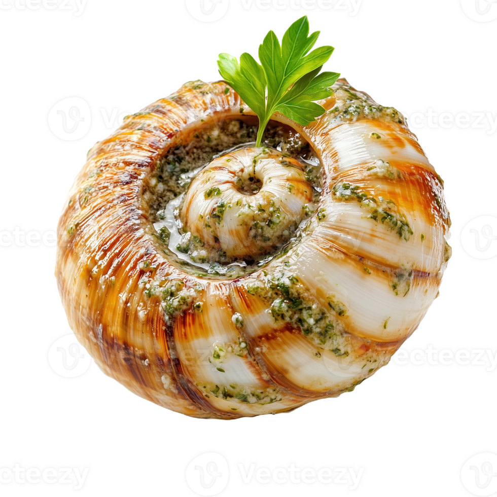 Lifelike presentation of escargot garnished with fresh garlic and herbs png