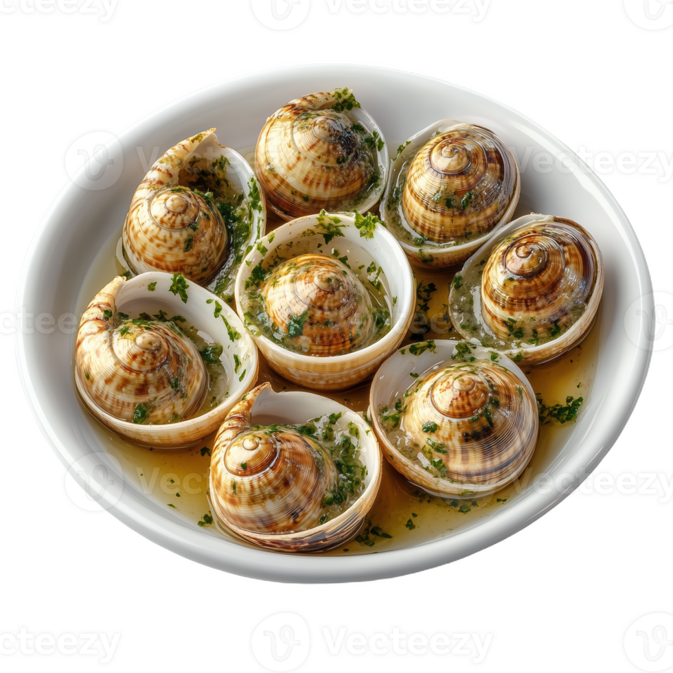 Savory escargot served in garlic sauce for a delicious gourmet experience png