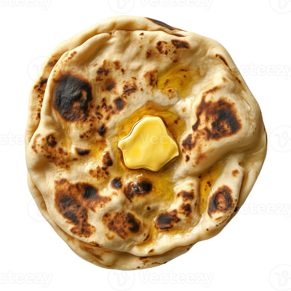 Brushed Indian naan bread topped with butter on a clean surface png