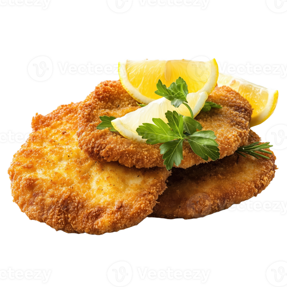 Lifelike depiction of breaded milanesa served with fresh lemon slices and herbs png
