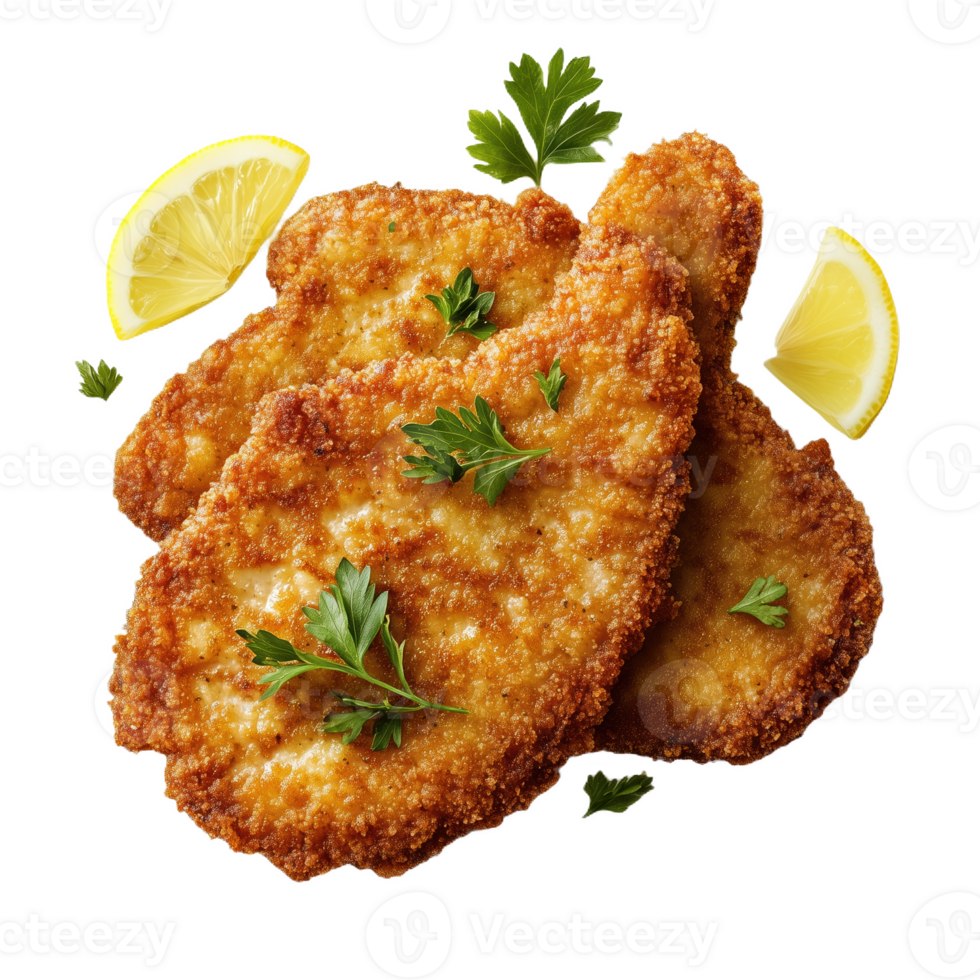 Crispy milanesa breaded meat served with fresh lemon wedges and garnished with parsley png