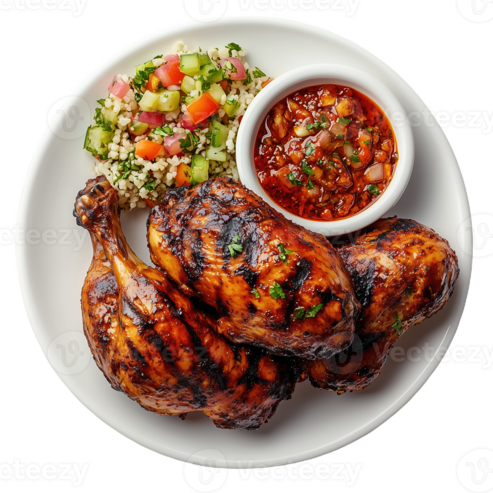 Delicious piri piri chicken served with fresh side salad and spicy sauce png