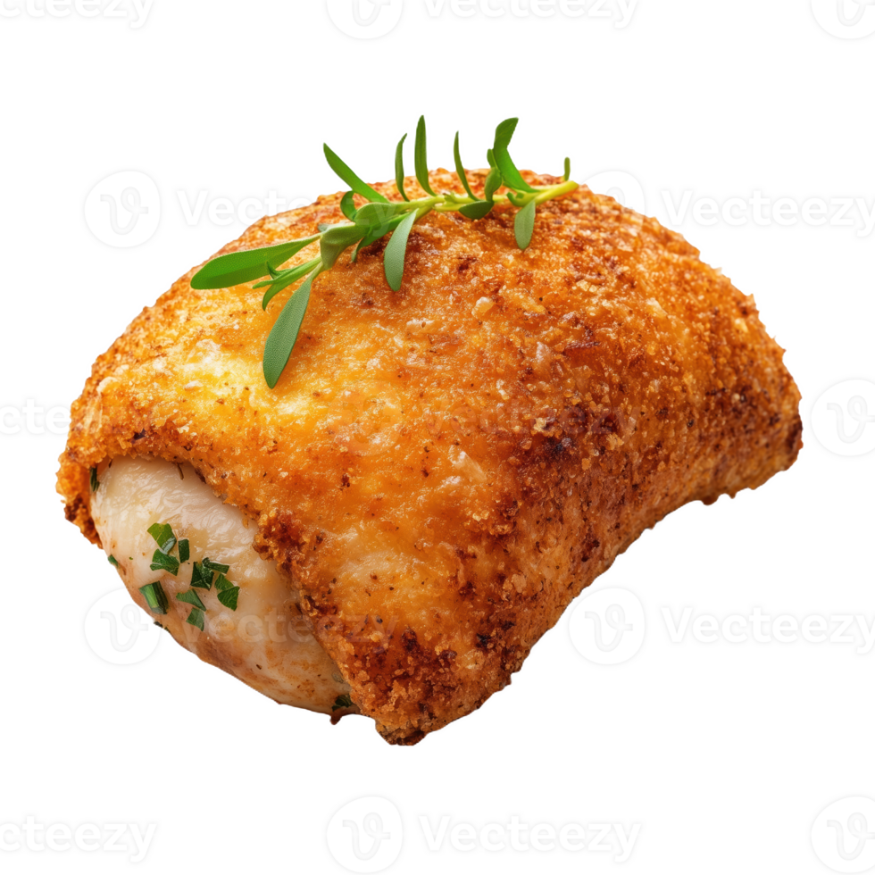 Lifelike representation of Russian chicken Kiev with golden crust and herbs png
