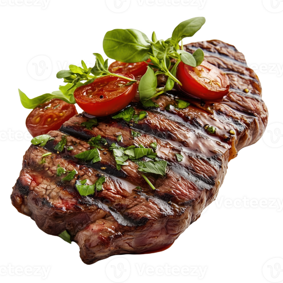 Grilled picanha steak with herbs and tomatoes on a white background png