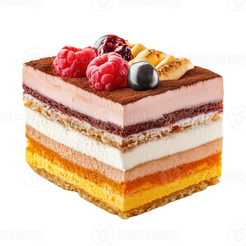 Lifelike tiramisu dessert with layers of cream and raspberries on a white background png