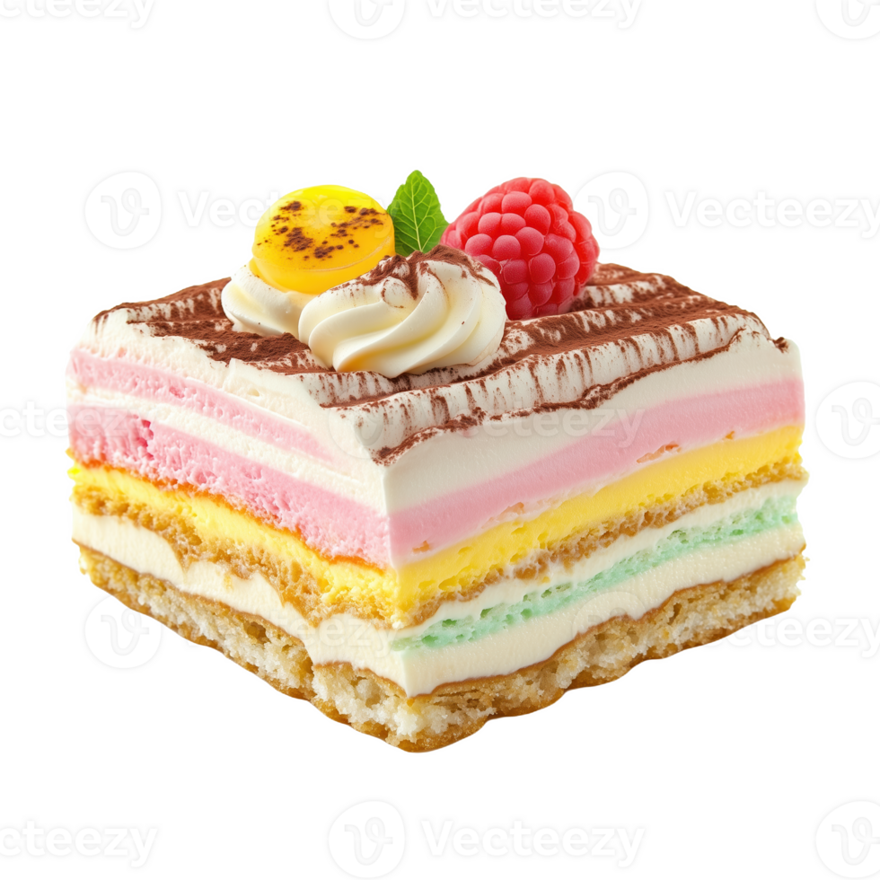 Delicious slice of tiramisu layered dessert with bright colors and fresh toppings png