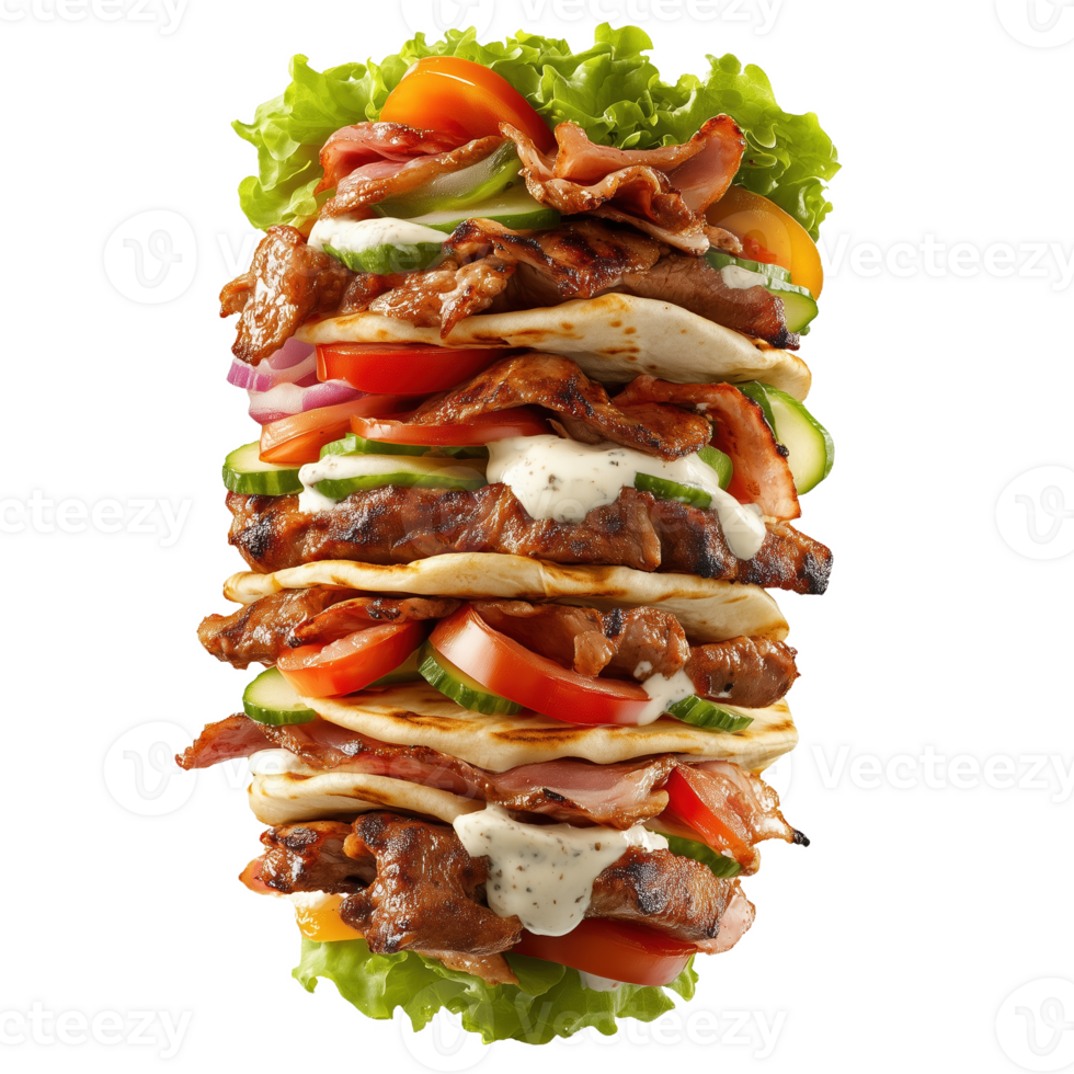Delicious Turkish doner kebab stacked high with fresh ingredients and savory meat png