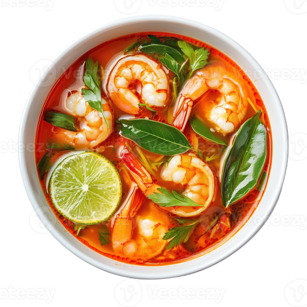 Enjoying a bowl of flavorful tom yum soup with fresh shrimp and herbs for lunch png