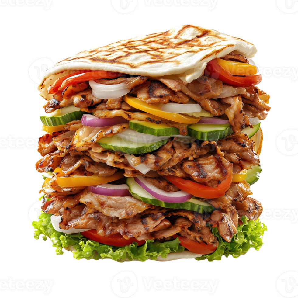 Enjoying a delicious Turkish doner kebab stacked high with fresh vegetables png