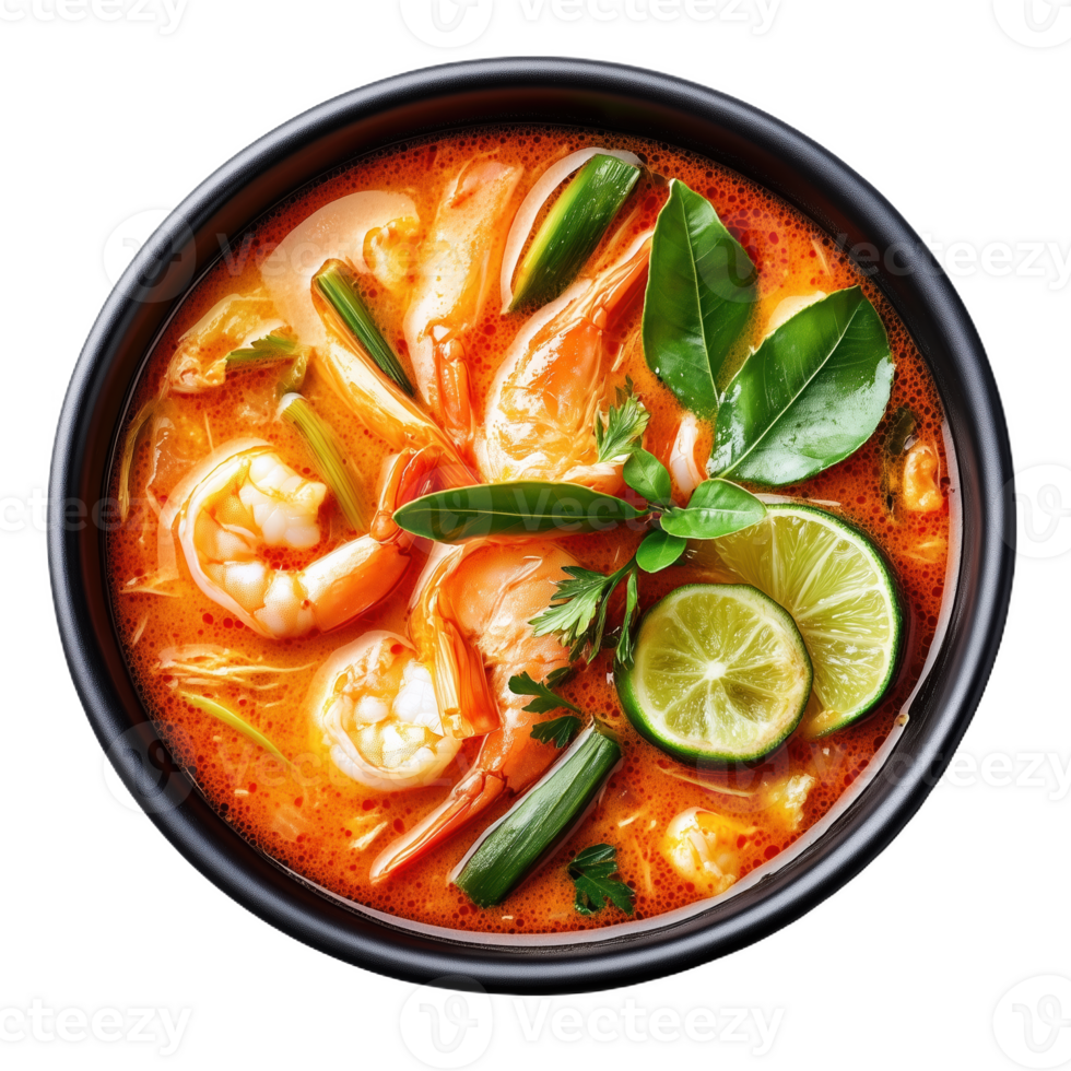 Delicious tom yum soup with shrimp garnished with fresh herbs and lime slices png