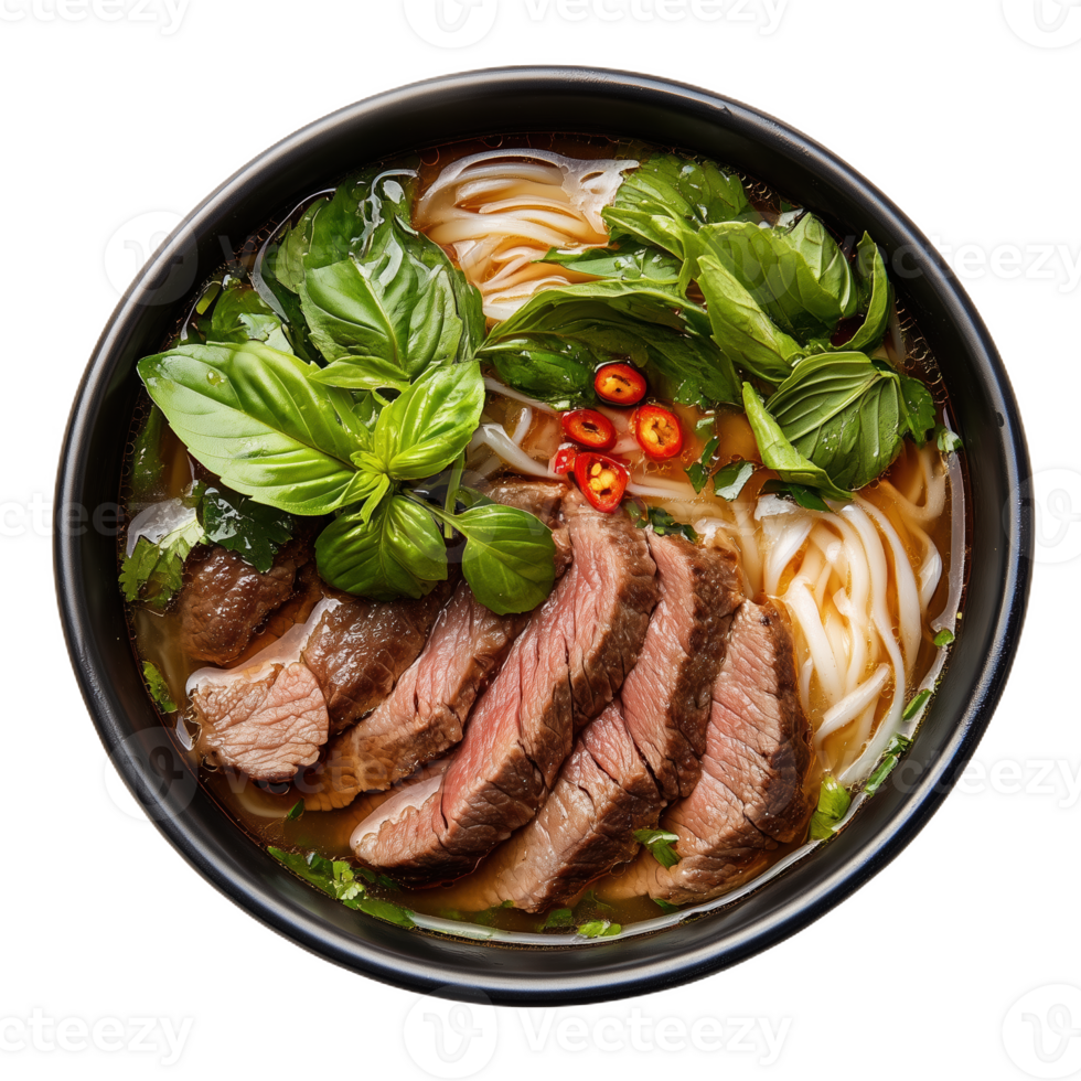 Delicious bowl of Pho Bo with vibrant herbs and tender beef slices png