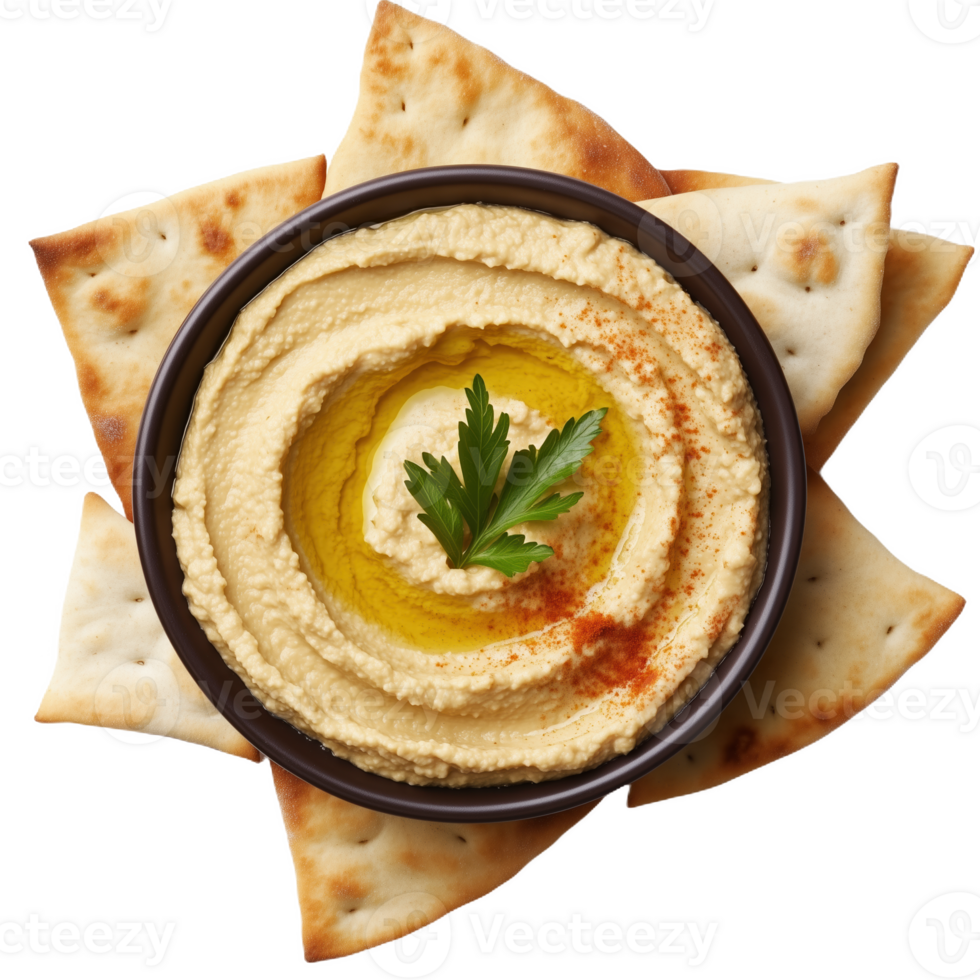 Lifelike depiction of a hummus bowl surrounded by crispy pita bread triangles png