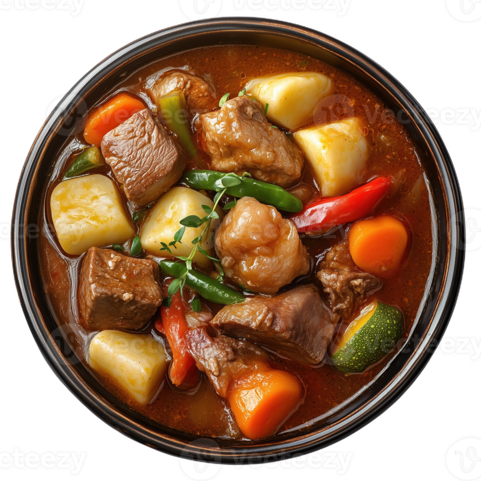 Lifelike depiction of Papuan hearty yam botani dish with meat and vegetables png