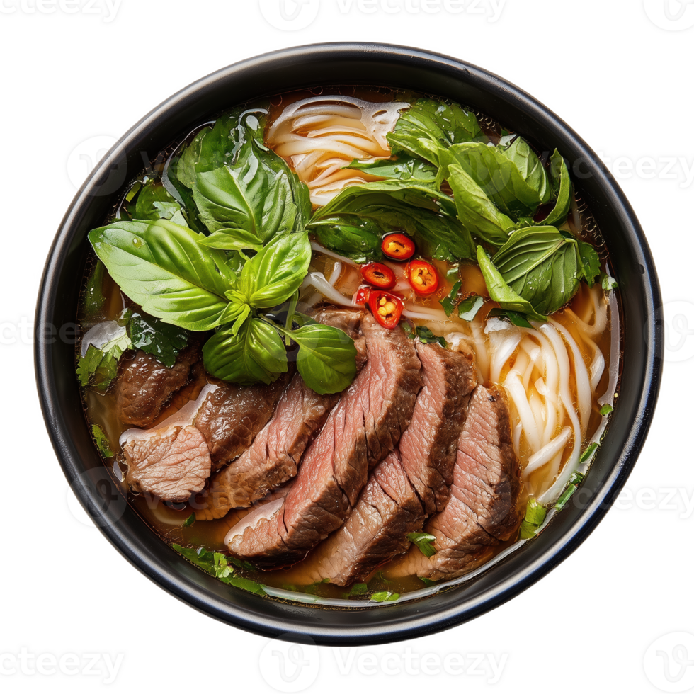 Delicious bowl of Pho Bo with fresh herbs and tender beef slices in a warm setting png