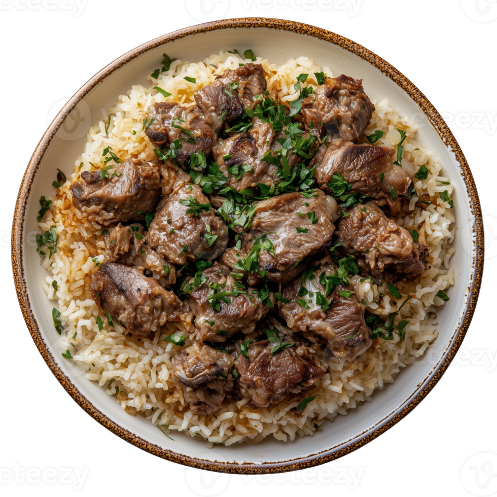 Delicious mansaf plate with tender meat served over fragrant rice and herbs png