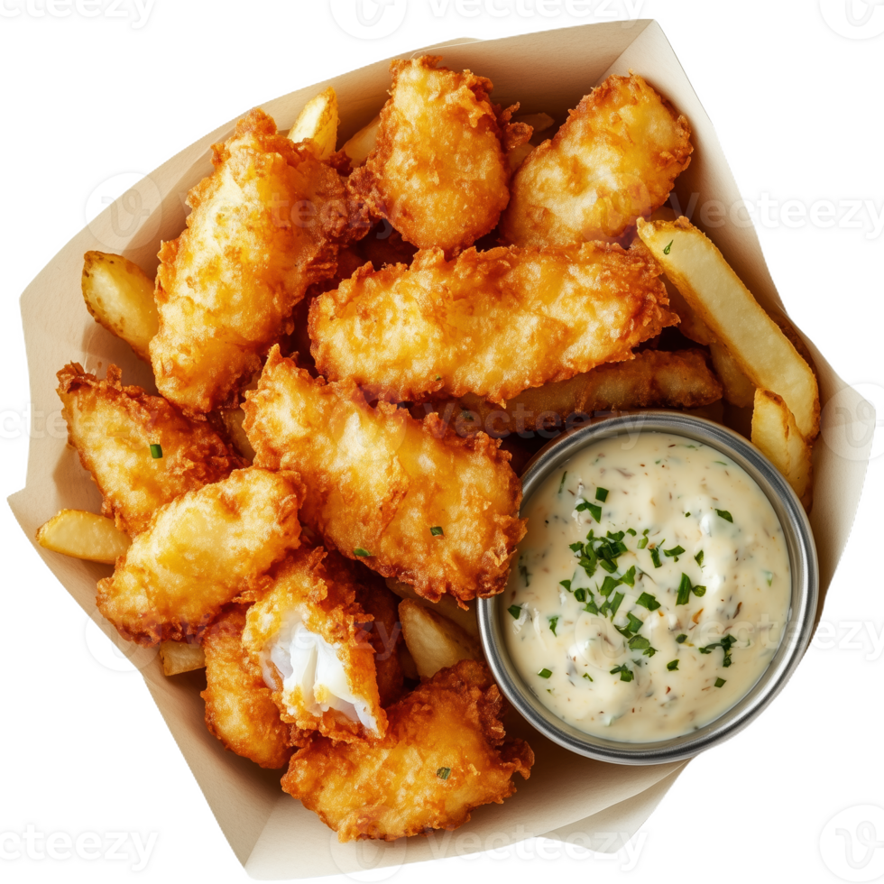 Enjoying a classic Australian fish and chips meal with tartar sauce in vibrant setting png