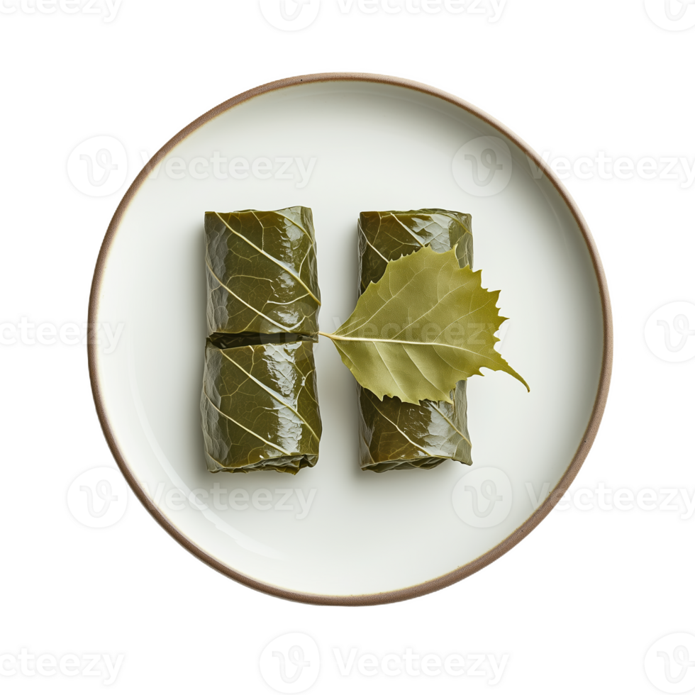 Lifelike presentation of dolmades stuffed grape leaves on a white plate png