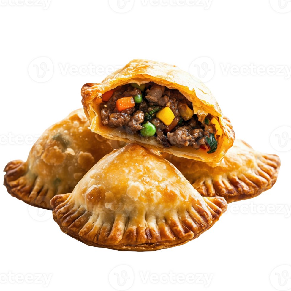 Savory empanadas filled with meat and vegetables served in a rustic setting png