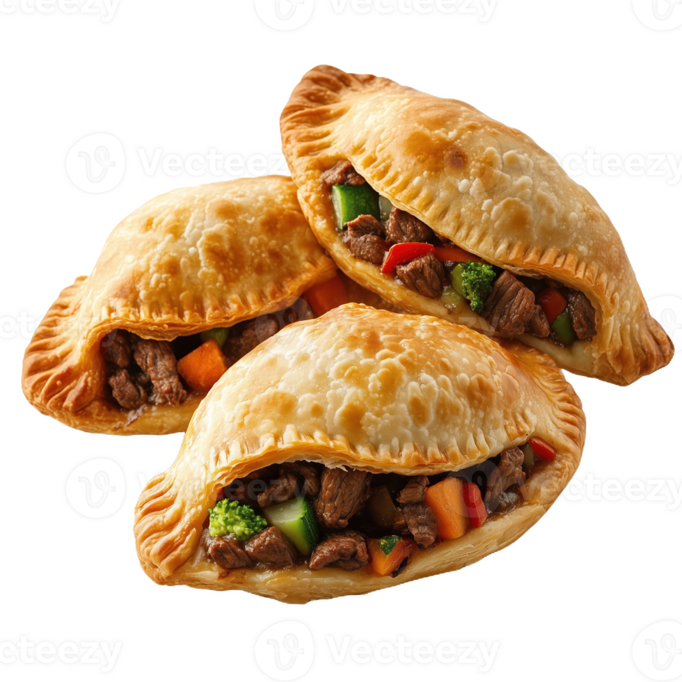 Savory empanadas filled with meat and vegetables on a rustic table setting png