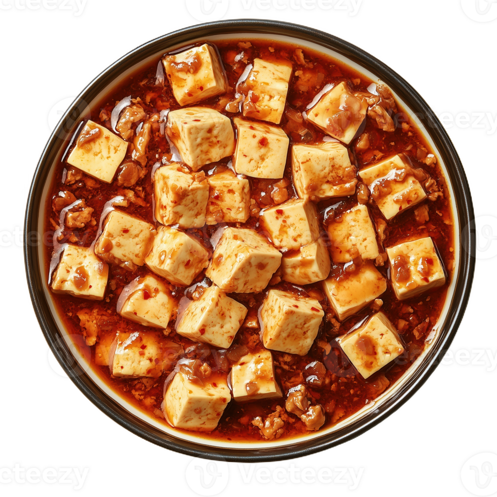Delicious Chinese mapo tofu served in a traditional bowl with rich sauce and toppings png