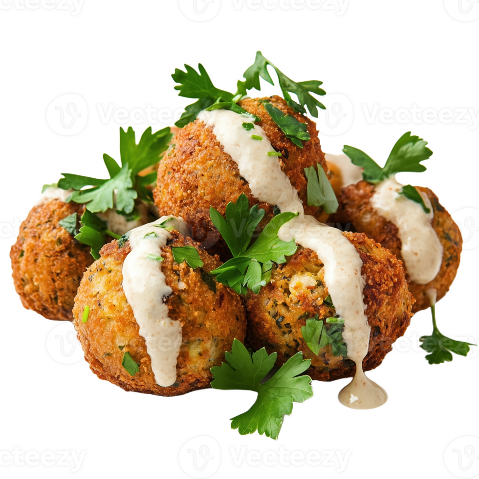 Delicious golden fried falafel served with tahini sauce and fresh herbs png