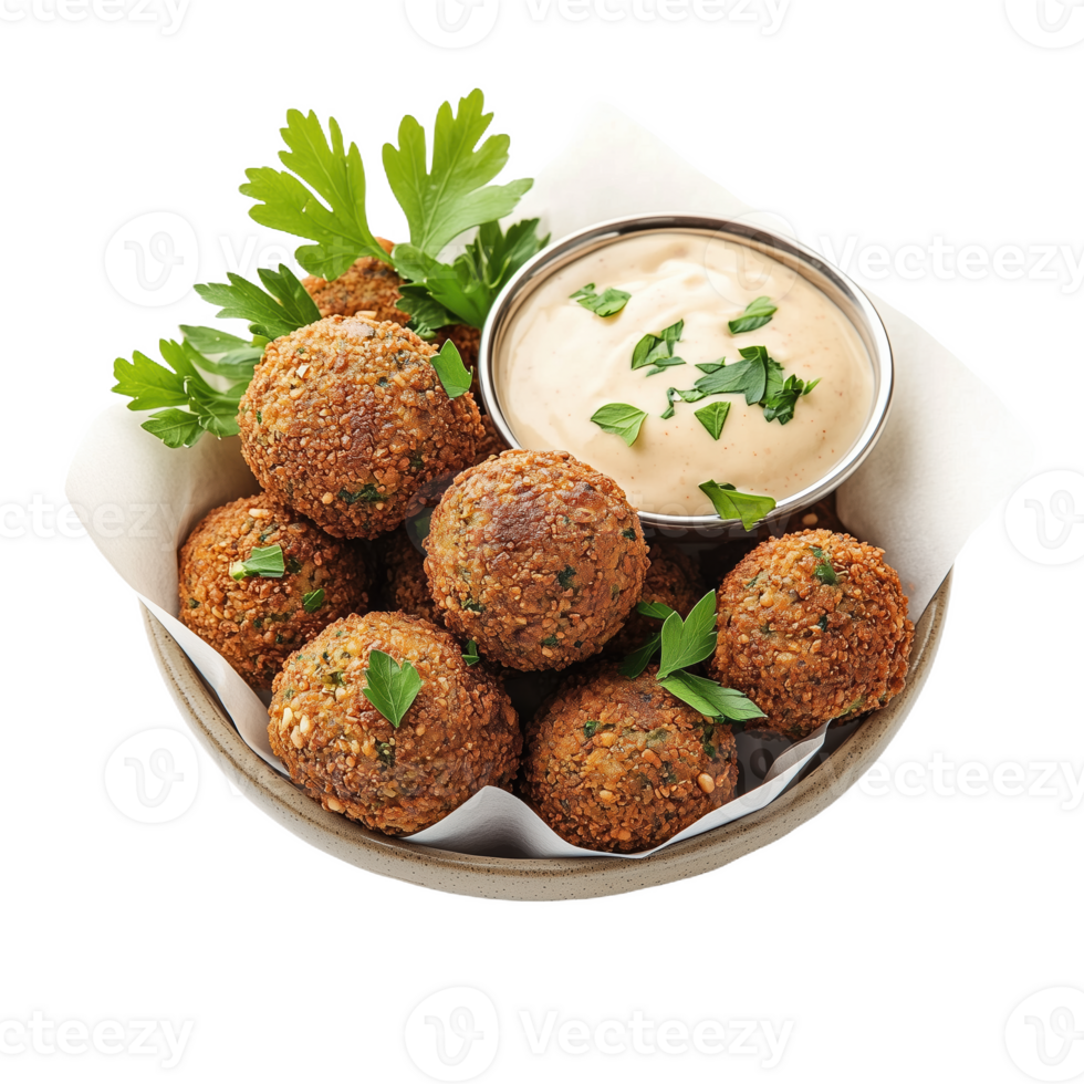 Golden fried falafel served with a creamy dipping sauce and fresh herbs png