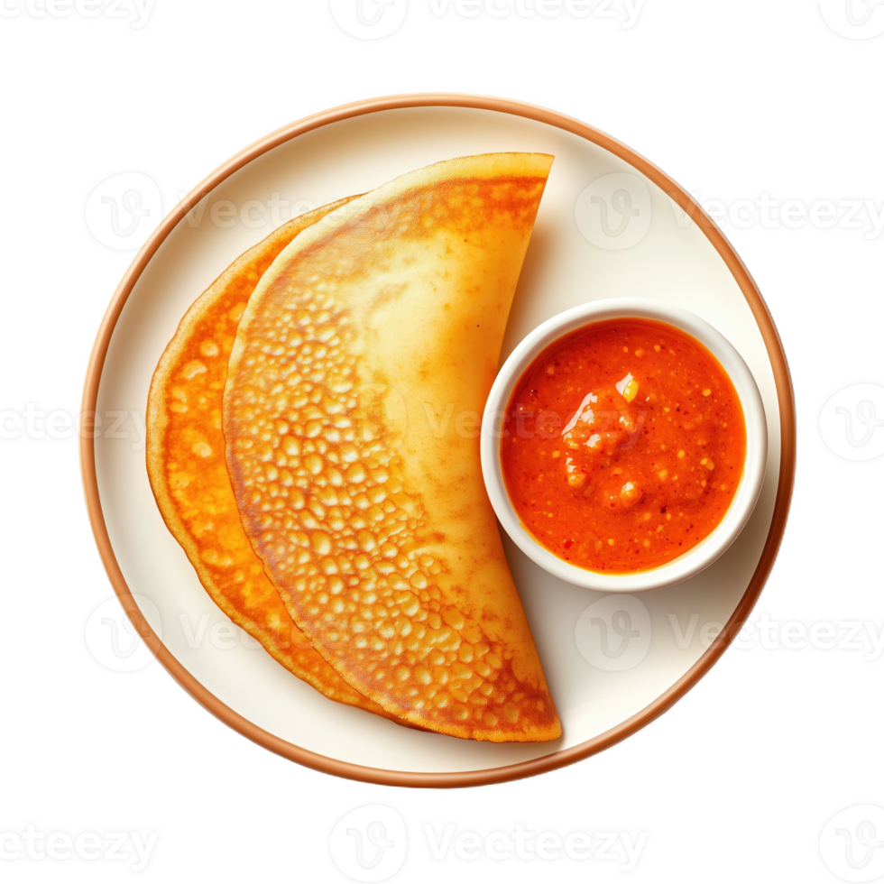 Lifelike Indian dosa served with spicy chutney on a white plate png