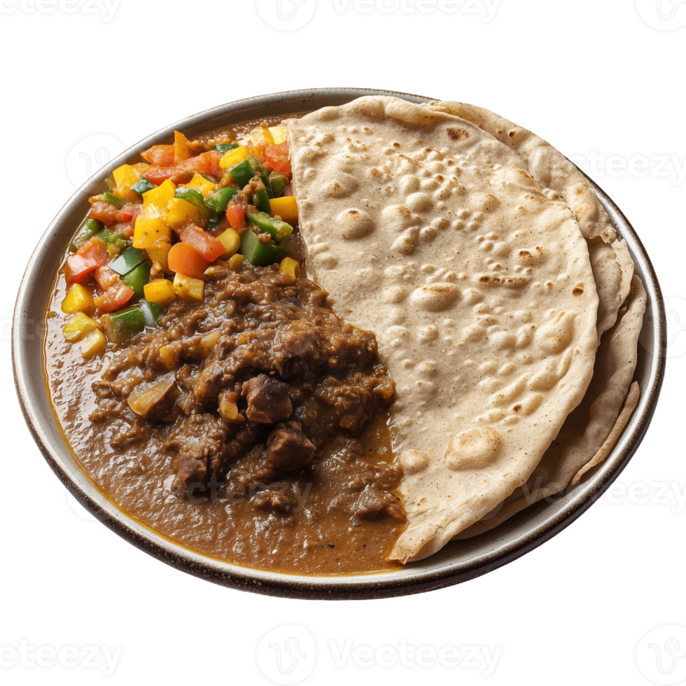 Delicious injera flatbread served with savory lentil stew and fresh vegetable salad png