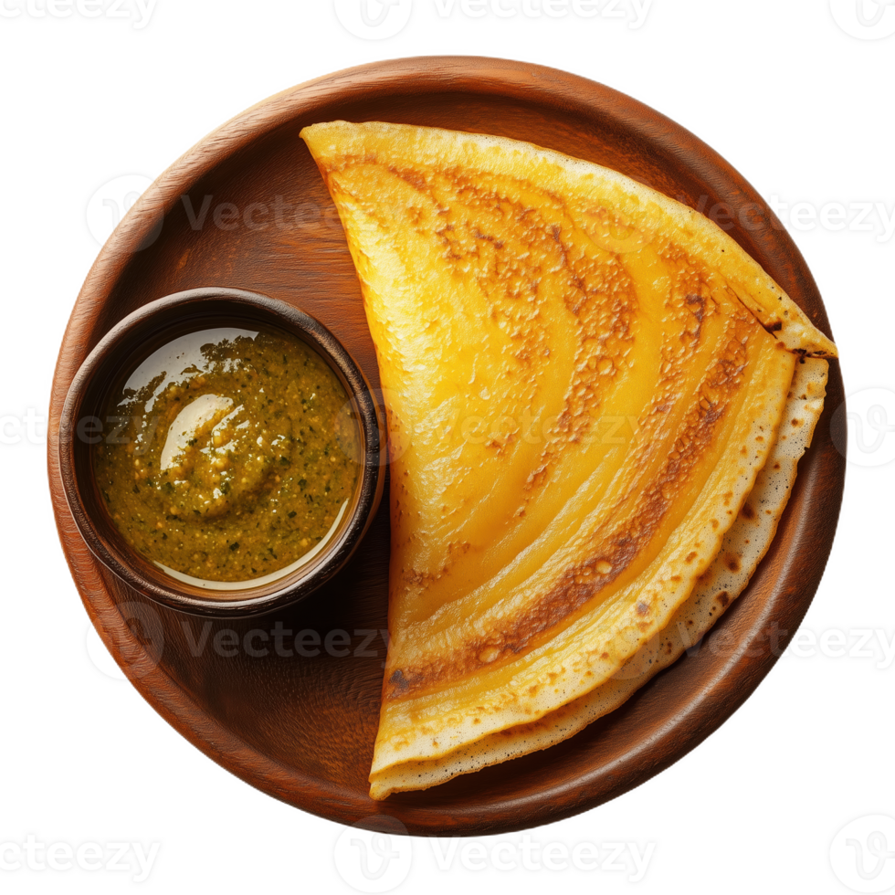 Indian dosa served on wooden plate with chutney for a delightful meal experience png