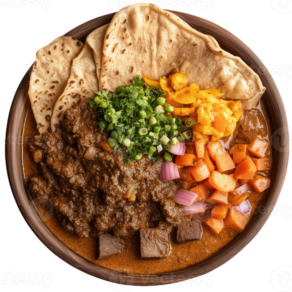 Delicious injera flatbread served with spicy stew and colorful vegetables png