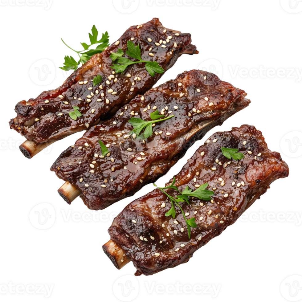 Lifelike depiction of kalbi ribs garnished with herbs and sesame seeds png