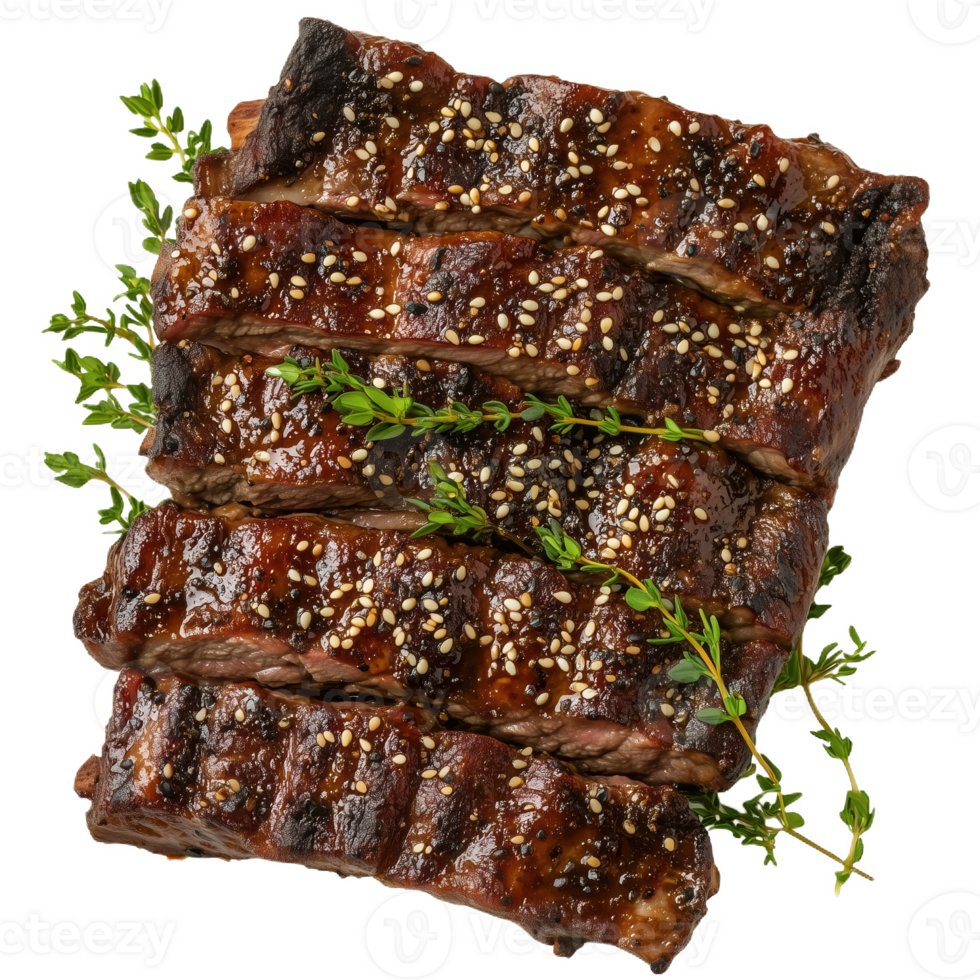 Kalbi ribs garnished with sesame seeds and herbs on a rustic plate png