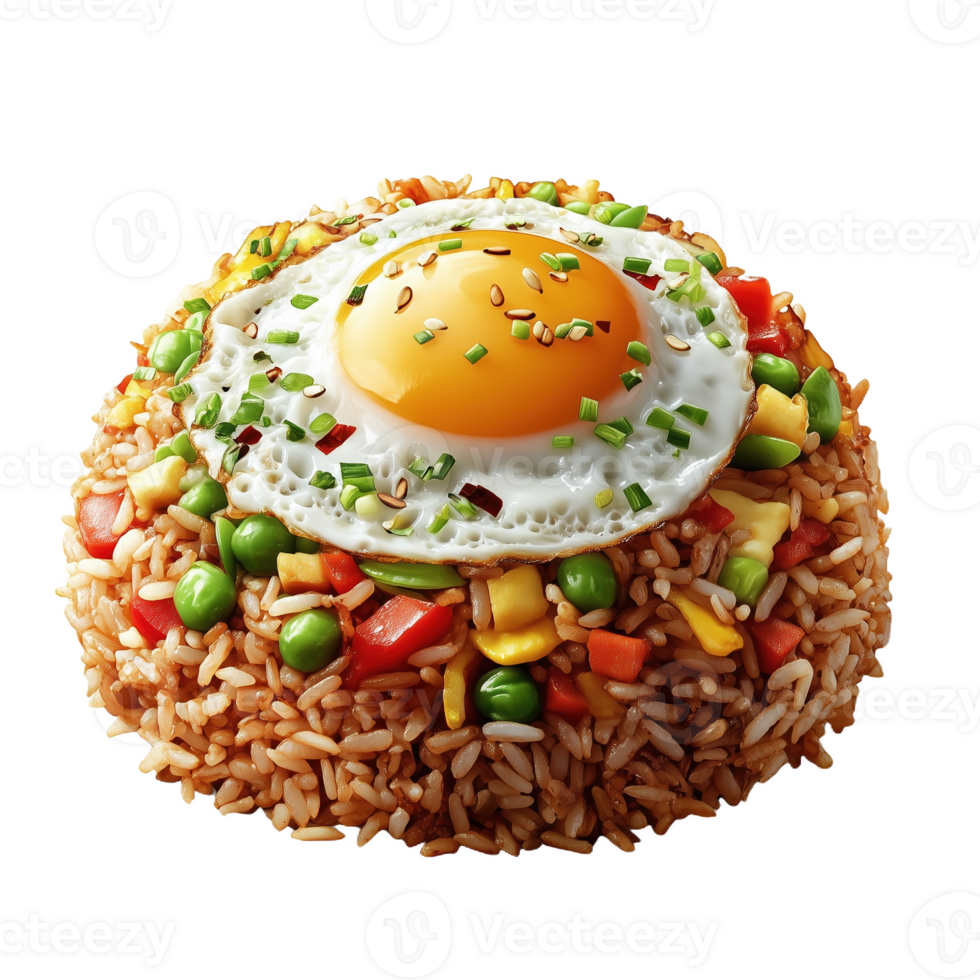 Delicious nasi goreng fried rice with sunny side up egg and fresh vegetables png
