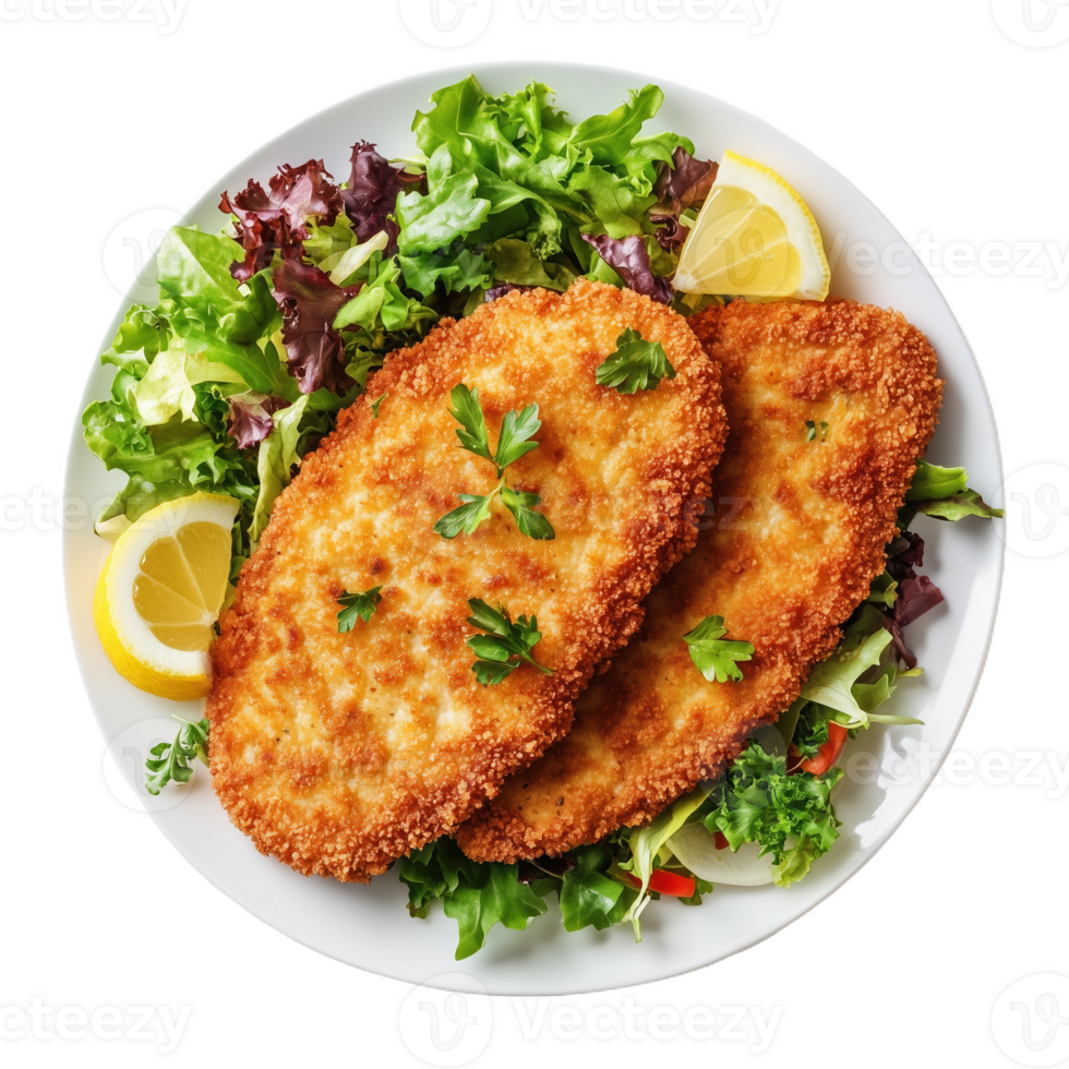 Delicious milanesa served on a bed of fresh greens with lemon wedges png