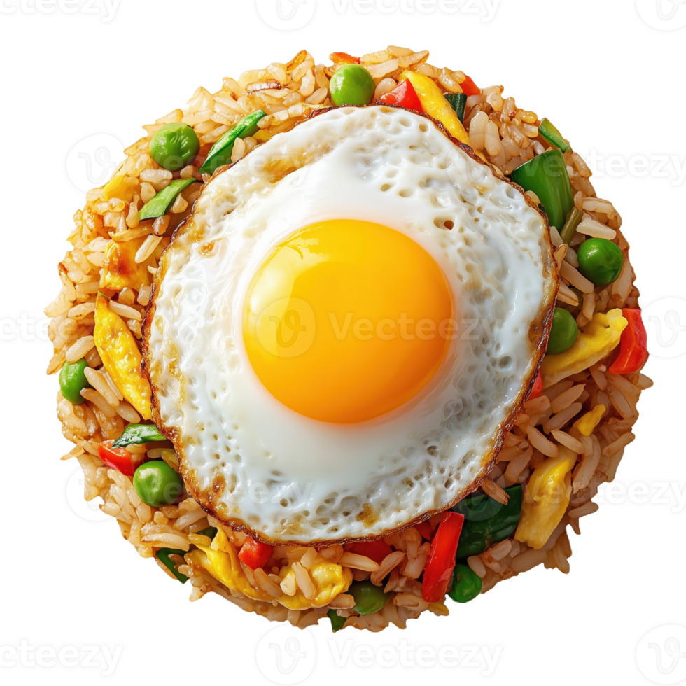 Lifelike depiction of nasi goreng fried rice topped with a sunny side up egg png