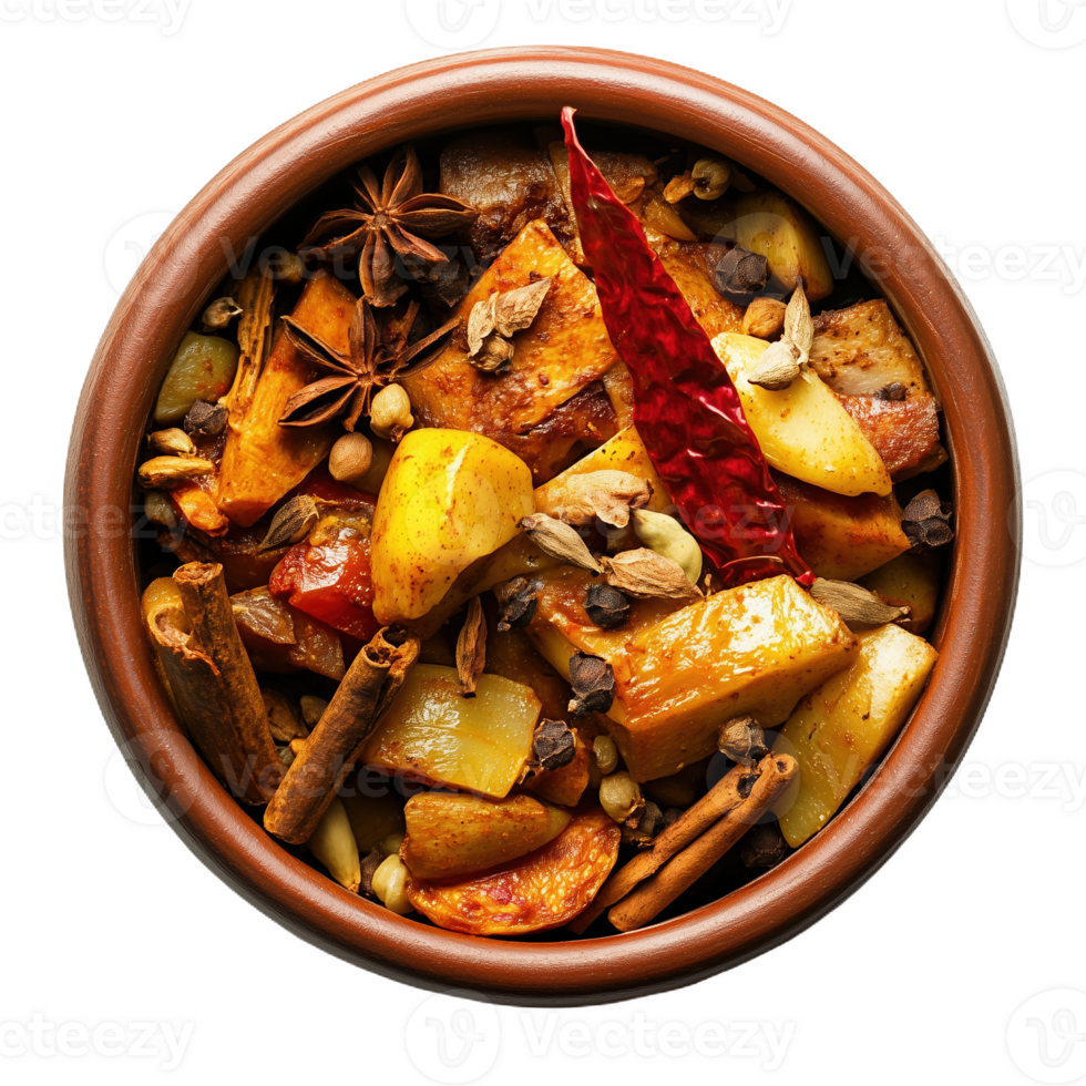 Realistic image of a traditional Peruvian moroca dish with spices and veggies png