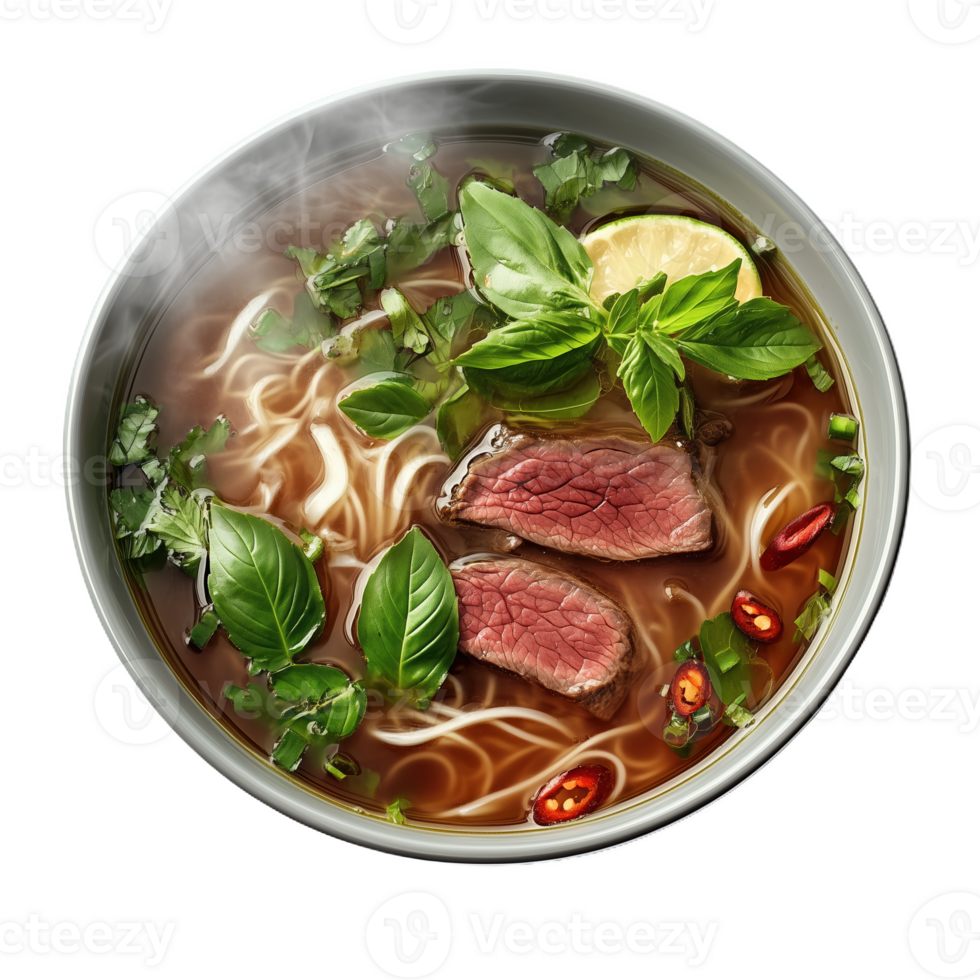 Delicious pho noodle soup with fresh herbs and lime served steaming hot png