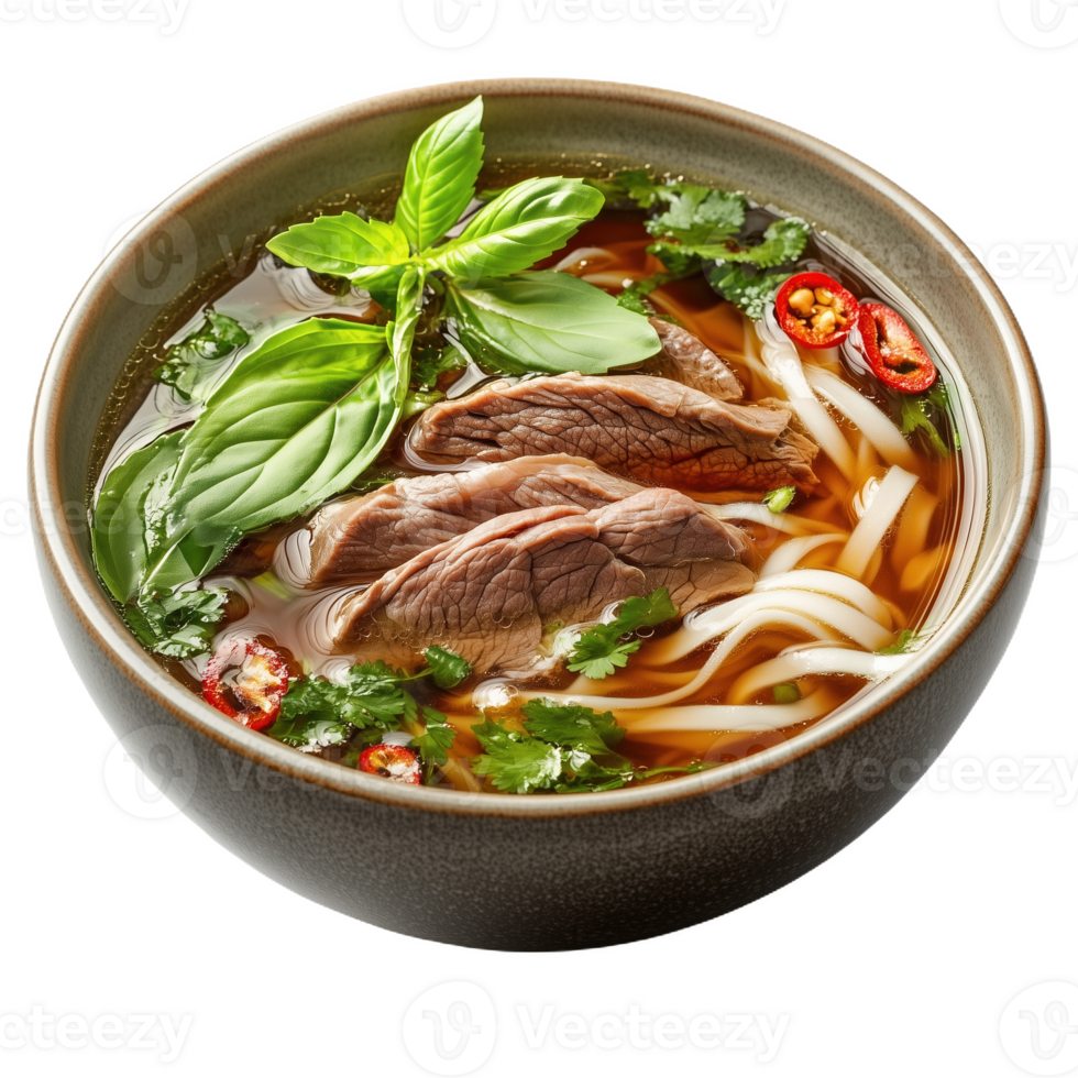 Lifelike representation of pho noodle soup with fresh herbs and spices in a bowl png
