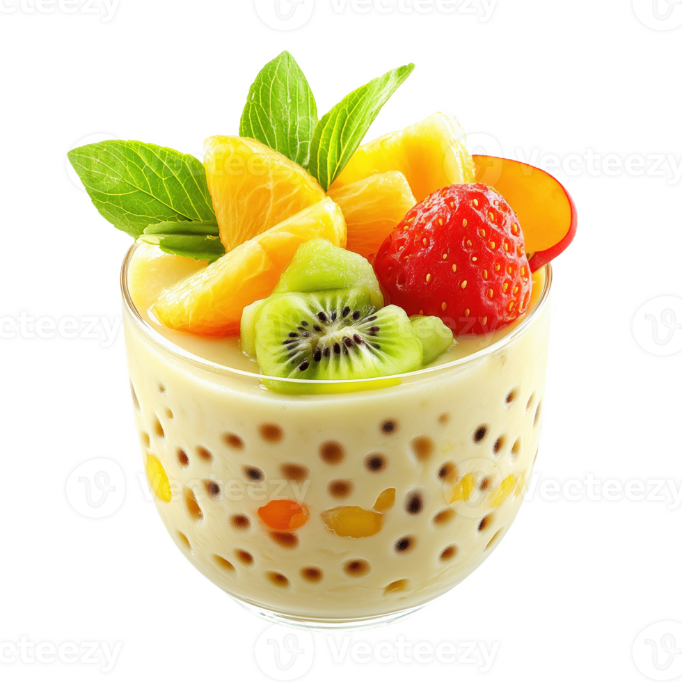 Lifelike depiction of sagu Papuan tapioca with fresh assorted fruit toppings png
