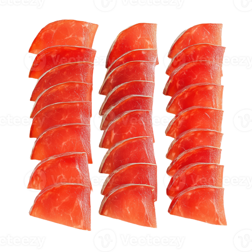 Lifelike display of Jamon serrano slices arranged artistically on a flat surface png