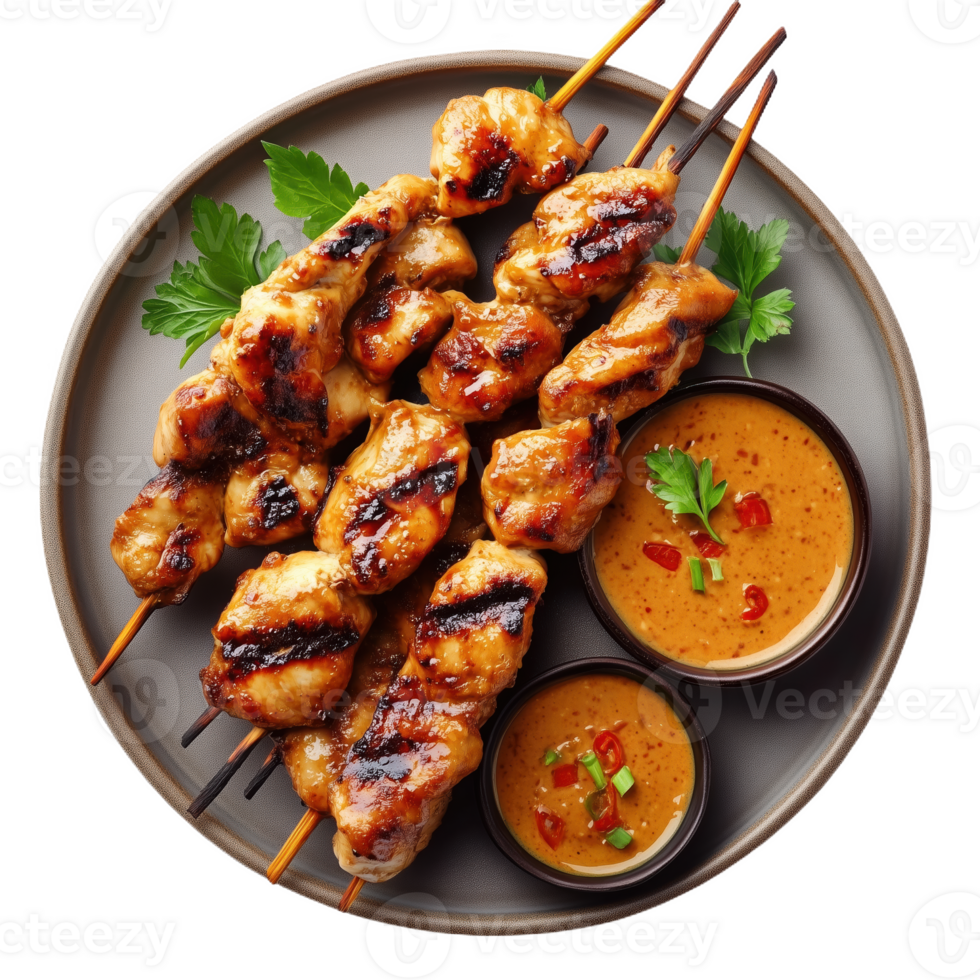 Savory satay chicken skewers served with dipping sauces on a plate png