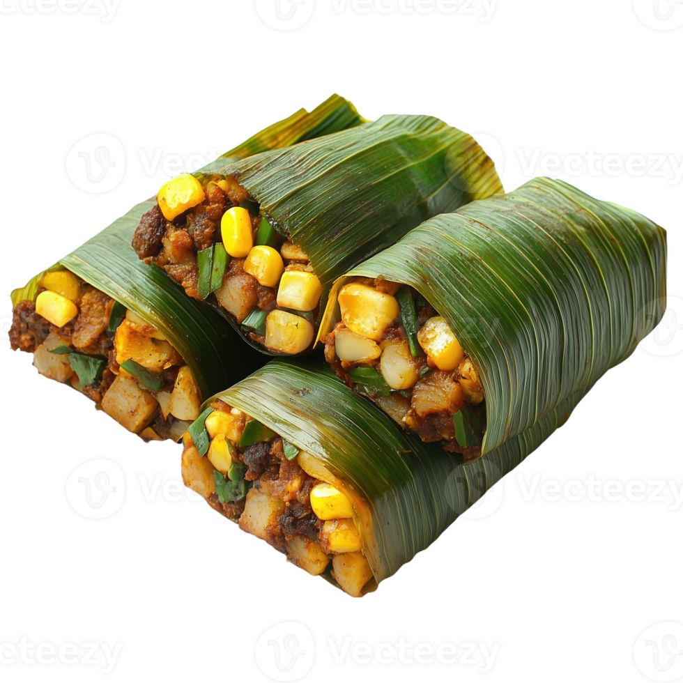 Lifelike tamales filled with corn served on a festive table at a food festival png