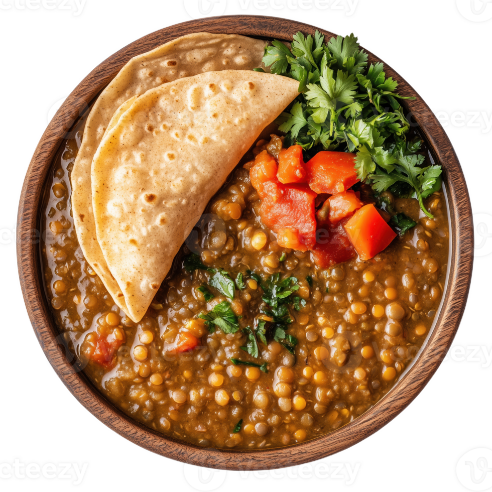 Lifelike presentation of shiro lentil stew with tortillas and fresh herbs png