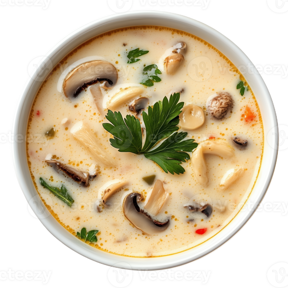 Delicious tom kha soup featuring coconut and fresh herbs in a white bowl png