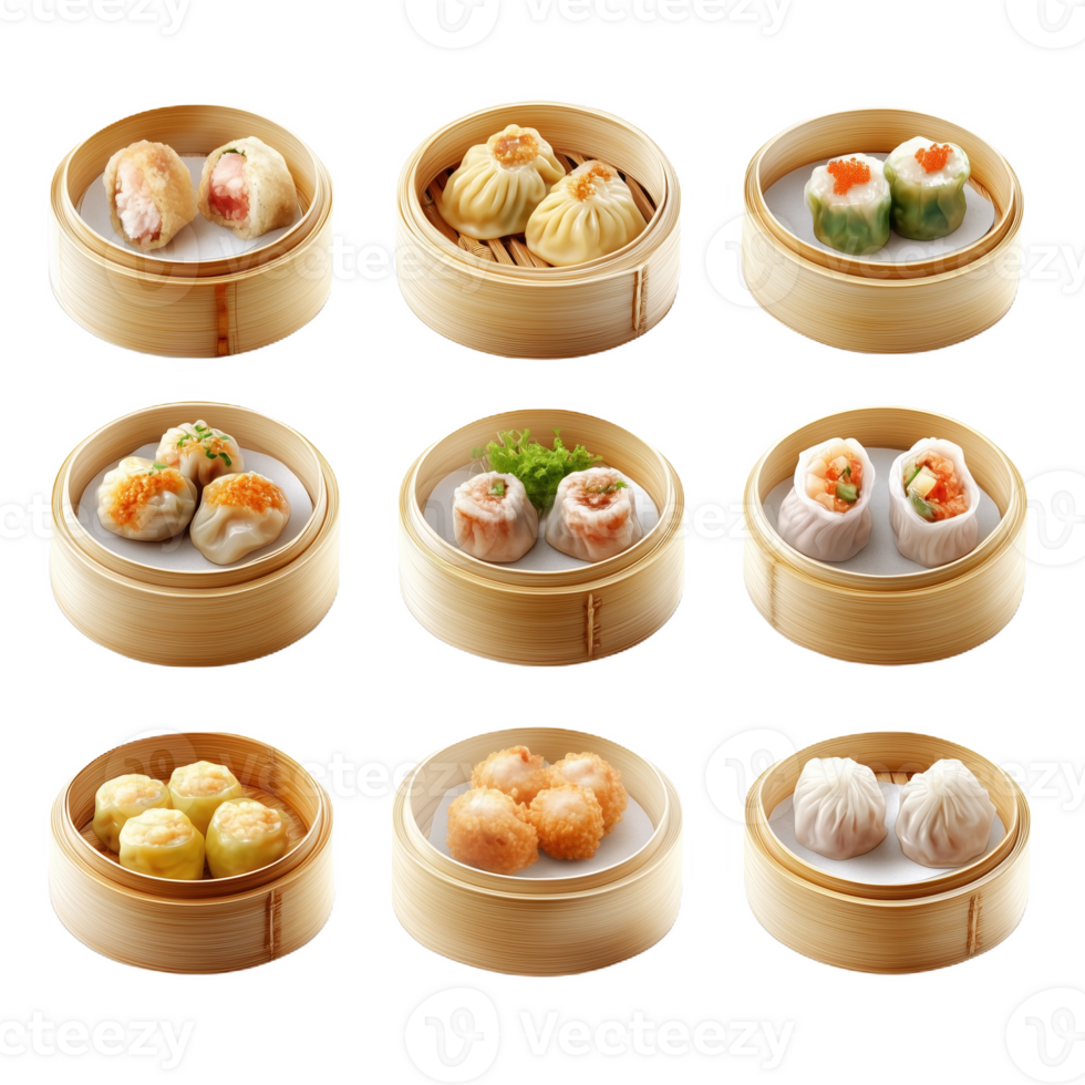 Unique assortment of authentic dim sum dishes presented in bamboo steamers png