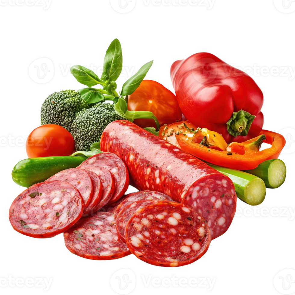 Fresh cuy pepperoni accompanied by vibrant vegetables for a delicious meal png