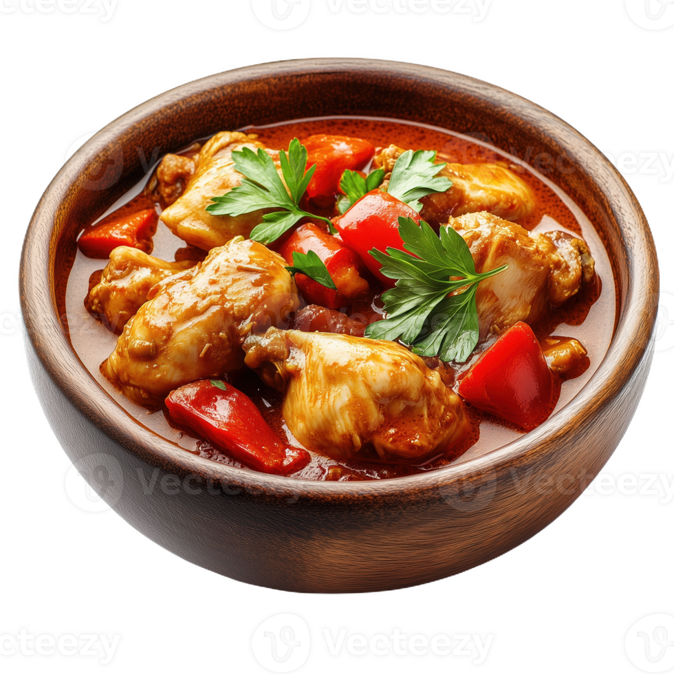 Savory doro wot chicken stew with vibrant peppers and fresh herbs in a wooden bowl png