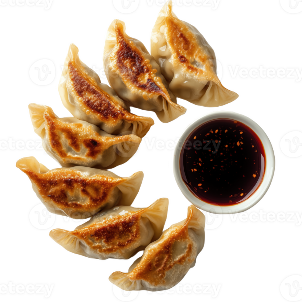 Delicious gyoza dumplings served with dipping sauce on a white plate png