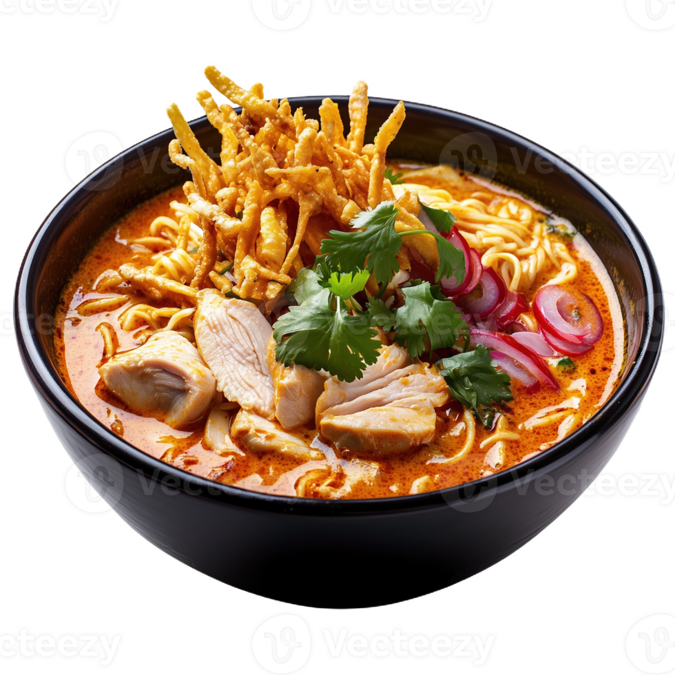 Delicious khao soi curry noodle dish topped with crispy noodles and fresh herbs png