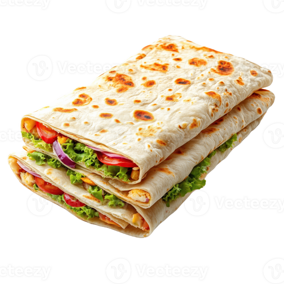 Lavash flatbread filled with fresh vegetables served on a wooden table png